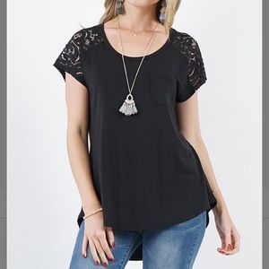Black Short Sleeve Lace-Panel Tunic, M